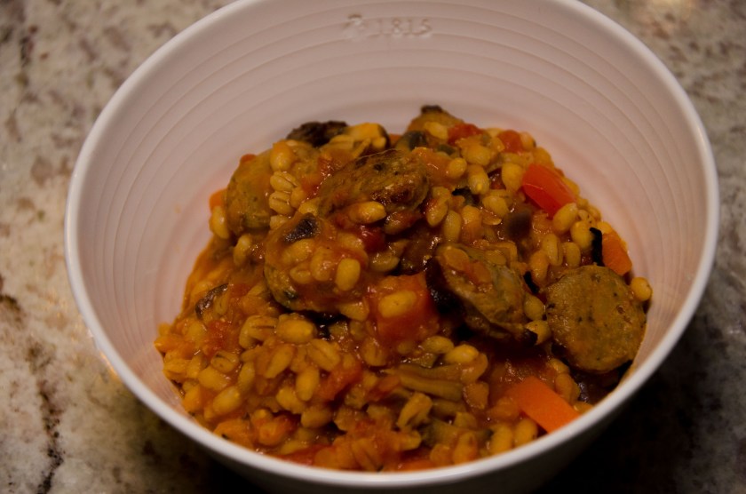 A bowl of sausage chilli and barley risotto